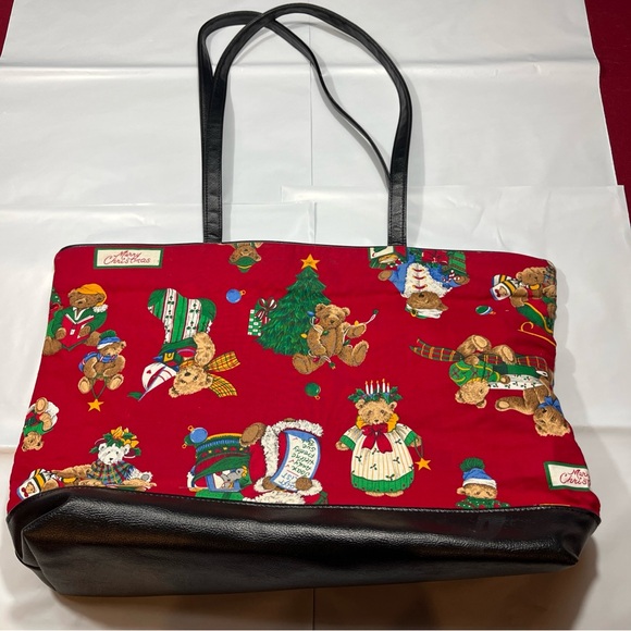 Christmas Teddy BEAR TOTE BAG RED Green cotton Tree gift Santa holiday 13”x19” - Picture 12 of 16